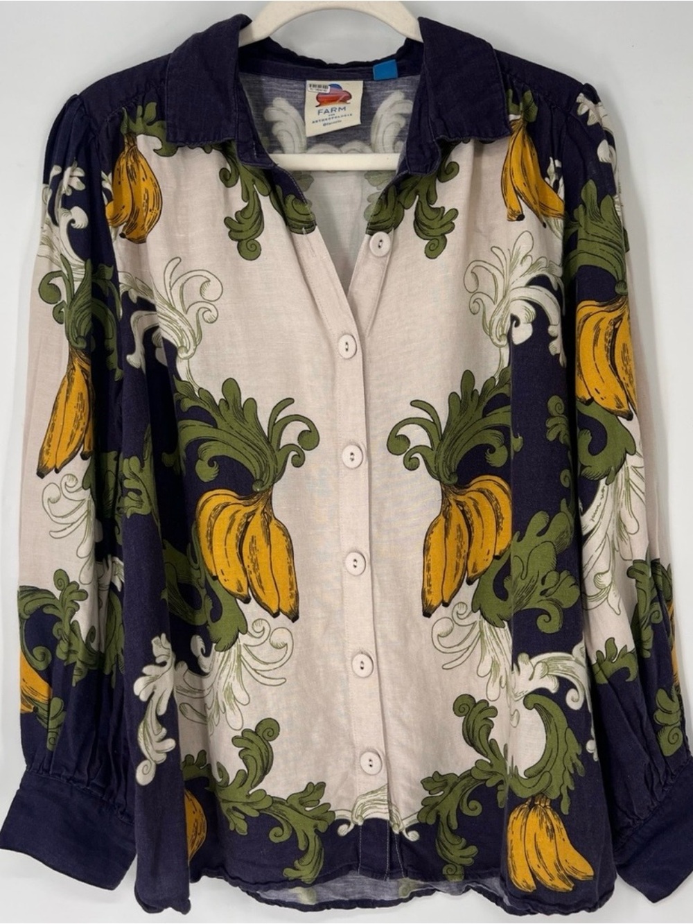 Farm Rio Banana Print Tropical Lightweight Button Down L Sleeve Shirt Blouse L